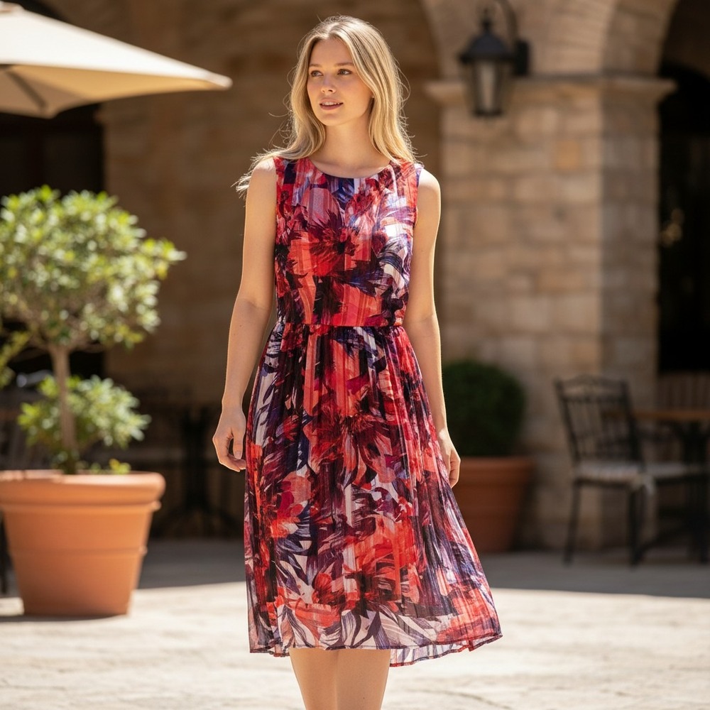 Luxe by Carmen Marc Valvo Red Purple Floral Pleated Dress 14W NWT